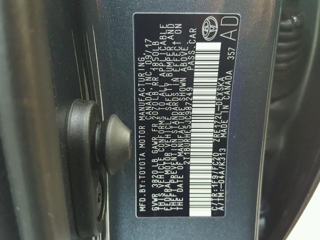 2T1BURHE5JC987249 - 2018 TOYOTA COROLLA L BLUE photo 10