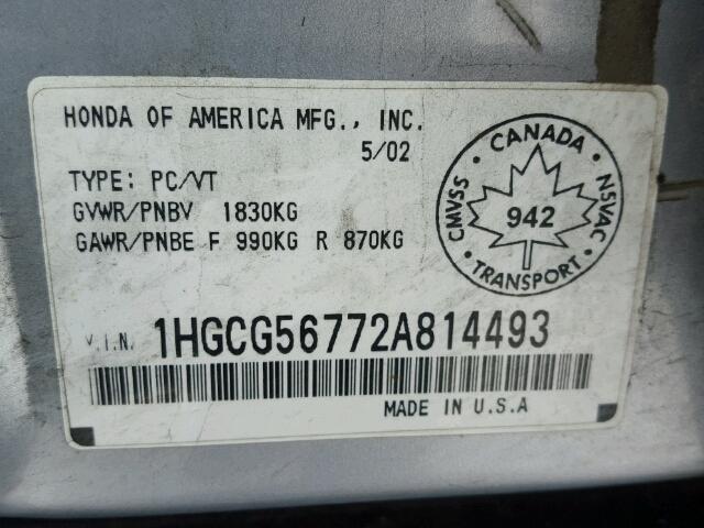 1HGCG56772A814493 - 2002 HONDA ACCORD SE SILVER photo 10