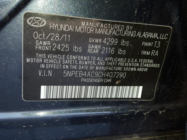 5NPEB4AC9CH407290 - 2012 HYUNDAI SONATA GLS BLUE photo 10