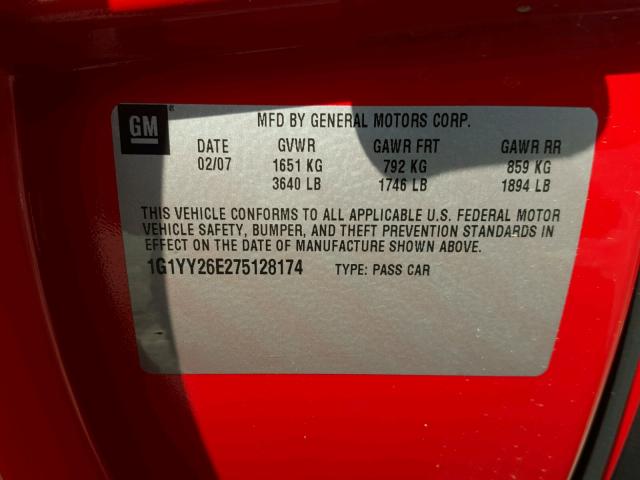 1G1YY26E275128174 - 2007 CHEVROLET CORVETTE Z RED photo 10