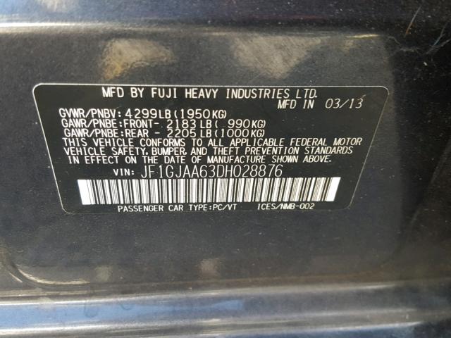 JF1GJAA63DH028876 - 2013 SUBARU IMPREZA BA GRAY photo 10