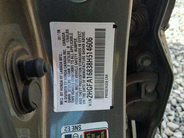 2HGFA16838H514606 - 2008 HONDA CIVIC EX GRAY photo 10