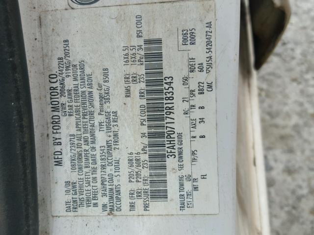 3FAHP07179R183543 - 2009 FORD FUSION SE WHITE photo 10