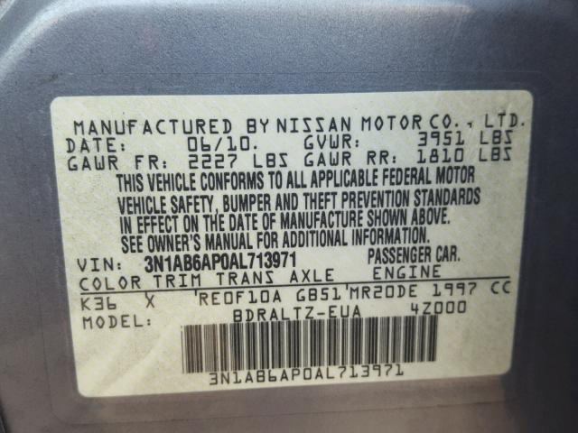 3N1AB6AP0AL713971 - 2010 NISSAN SENTRA 2.0 SILVER photo 10