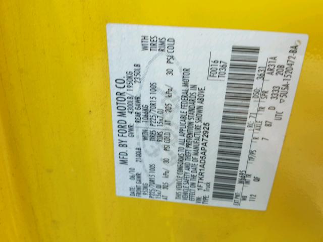 1FTKR1AD5APA72925 - 2010 FORD RANGER YELLOW photo 10