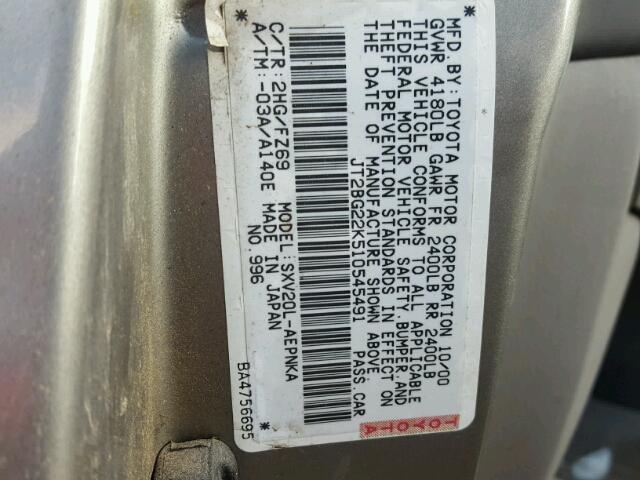 JT2BG22K510545491 - 2001 TOYOTA CAMRY CE GRAY photo 10