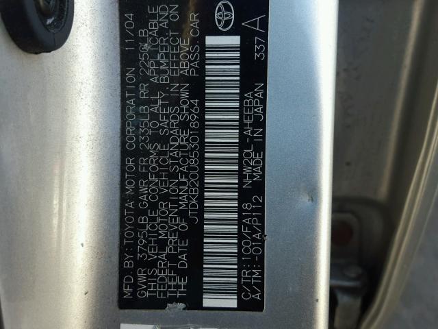 JTDKB20U853018964 - 2005 TOYOTA PRIUS SILVER photo 9