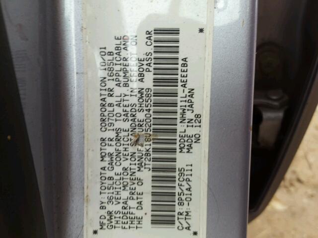 JT2BK18U520045589 - 2002 TOYOTA PRIUS SILVER photo 10