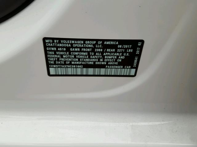 1VWDT7A37HC081662 - 2017 VOLKSWAGEN PASSAT R-L 白色 照片 10