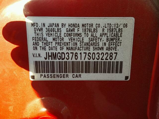 JHMGD37617S032287 - 2007 HONDA FIT S 红色 照片 10