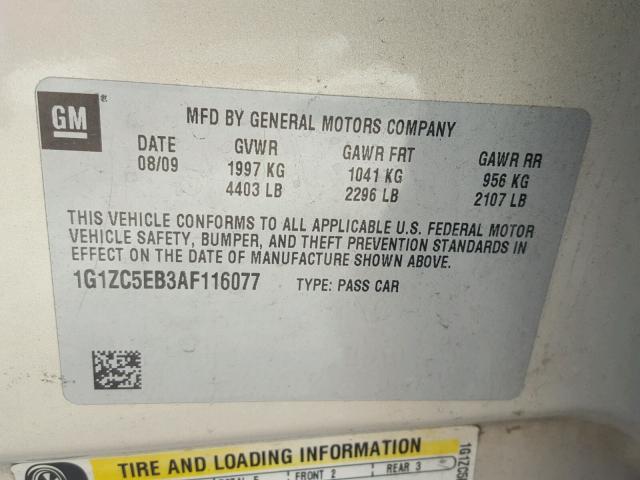 1G1ZC5EB3AF116077 - 2010 CHEVROLET MALIBU 1LT BEIGE photo 10