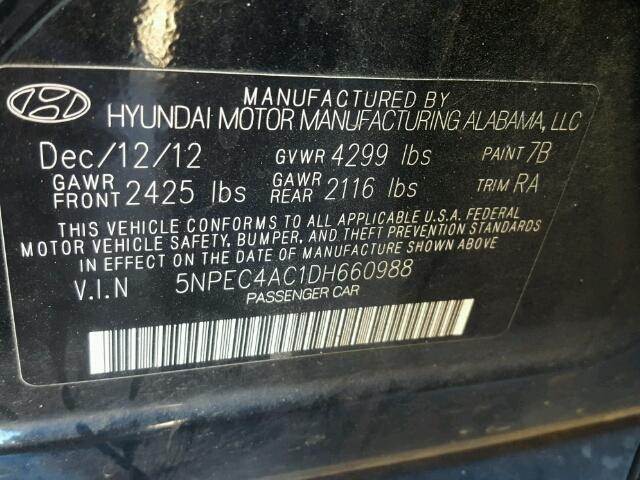 5NPEC4AC1DH660988 - 2013 HYUNDAI SONATA SE BLACK photo 10