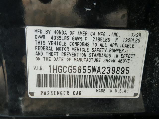 1HGCG5655WA239895 - 1998 HONDA ACCORD EX BLACK photo 10