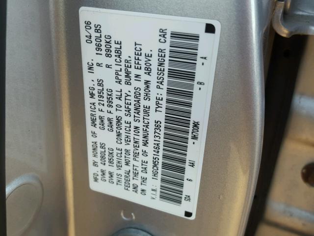 1HGCM55146A137365 - 2006 HONDA ACCORD VAL SILVER photo 10