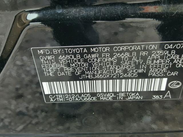 JTHBJ46GX72124405 - 2007 LEXUS ES 350 BLACK photo 10