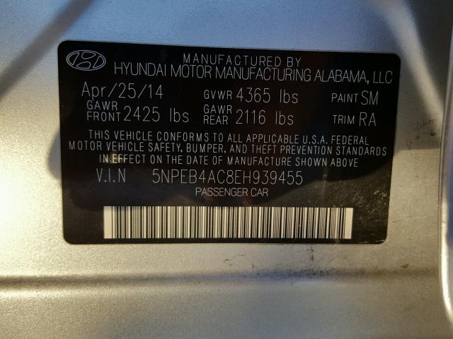 5NPEB4AC8EH939455 - 2014 HYUNDAI SONATA GLS SILVER photo 10