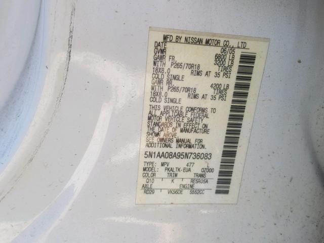 5N1AA08A95N736083 - 2005 NISSAN ARMADA SE WHITE photo 10