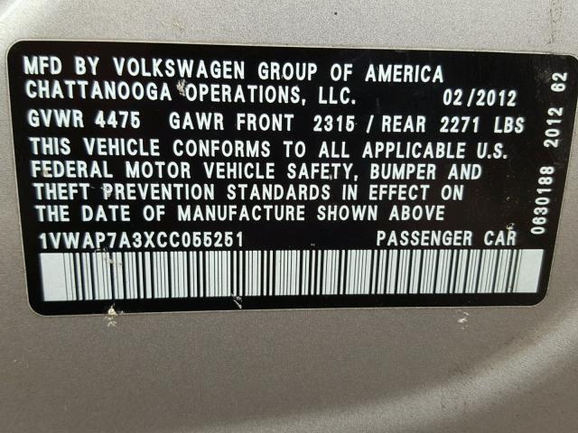 1VWAP7A3XCC055251 - 2012 VOLKSWAGEN PASSAT S ნაცრისფერი ფოტო 10