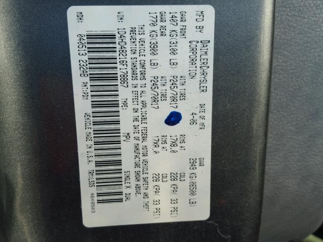 1D4HD48216F178867 - 2006 DODGE DURANGO SL GRAY photo 10