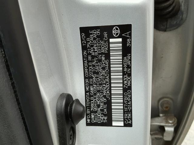 JTDKN3DU8A0109445 - 2010 TOYOTA PRIUS SILVER photo 10