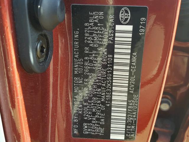 4T1BE32K56U131108 - 2006 TOYOTA CAMRY LE RED photo 10