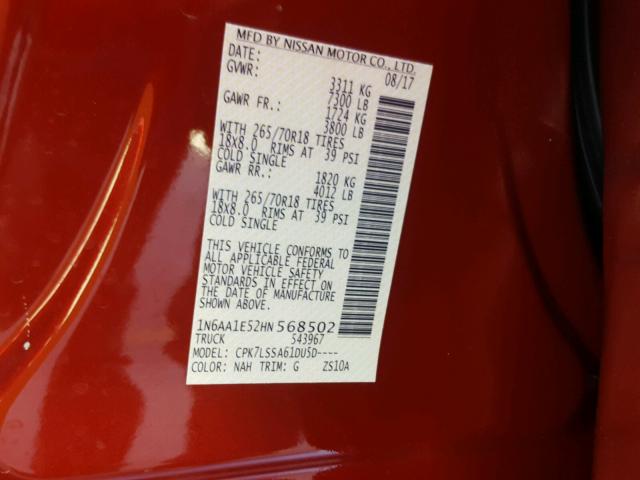 1N6AA1E52HN568502 - 2017 NISSAN TITAN SV RED photo 10