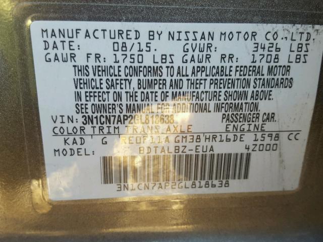 3N1CN7AP2GL818638 - 2016 NISSAN VERSA S GRAY photo 10