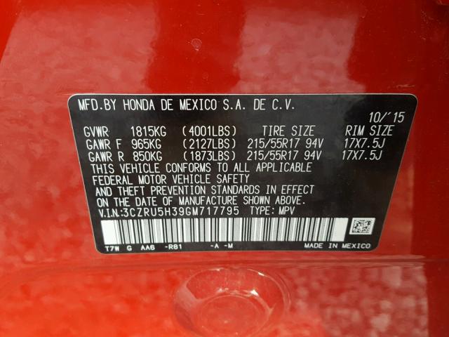 3CZRU5H39GM717795 - 2016 HONDA HR-V LX RED photo 10