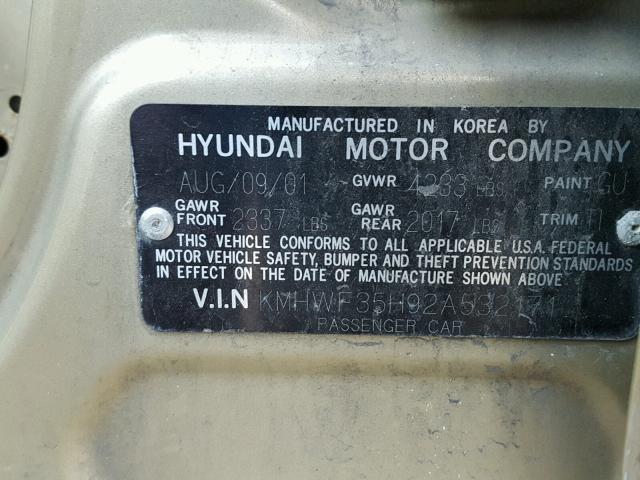 KMHWF35H92A532171 - 2002 HYUNDAI SONATA GLS GOLD photo 10