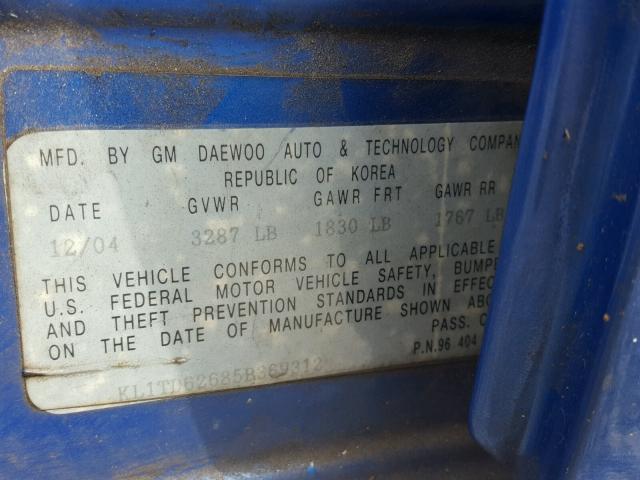 KL1TD62685B369312 - 2005 CHEVROLET AVEO BASE Niebieski zdjęcie 10