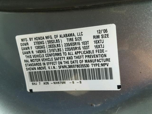 5FNRL38697B035530 - 2007 HONDA ODYSSEY EX SILVER photo 10