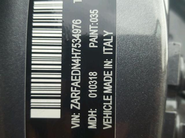 ZARFAEDN4H7534976 - 2017 ALFA ROMEO GIULIA Q4 ნაცრისფერი ფოტო 10