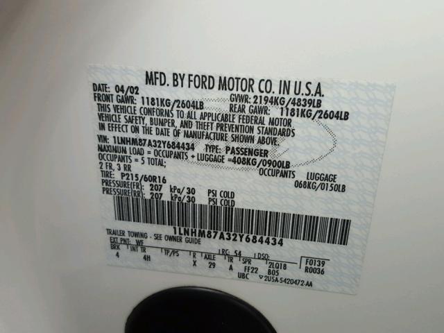 1LNHM87A32Y684434 - 2002 LINCOLN LS 白色 照片 10