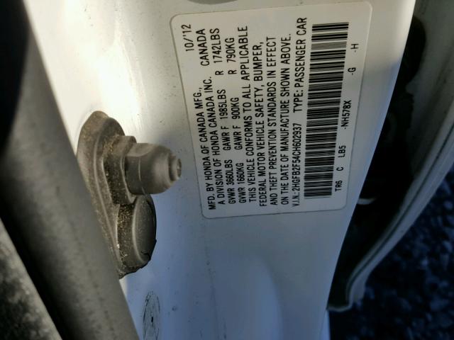 2HGFB2F54CH602937 - 2012 HONDA CIVIC LX WHITE photo 10