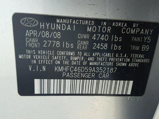 KMHFC46D59A352187 - 2009 HYUNDAI AZERA GLS SILVER photo 10