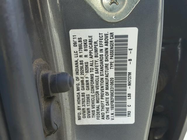 19XFB2F99CE310620 - 2012 HONDA CIVIC EXL Grafitowy zdjęcie 10