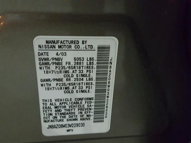 JN8AZ08W03W229030 - 2003 NISSAN MURANO SL GOLD photo 10