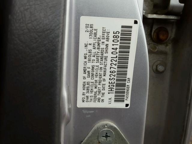 1HGES26722L041085 - 2002 HONDA CIVIC EX SILVER photo 10