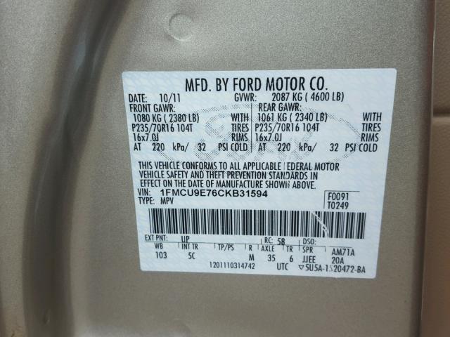 1FMCU9E76CKB31594 - 2012 FORD ESCAPE LIM BEIGE photo 10