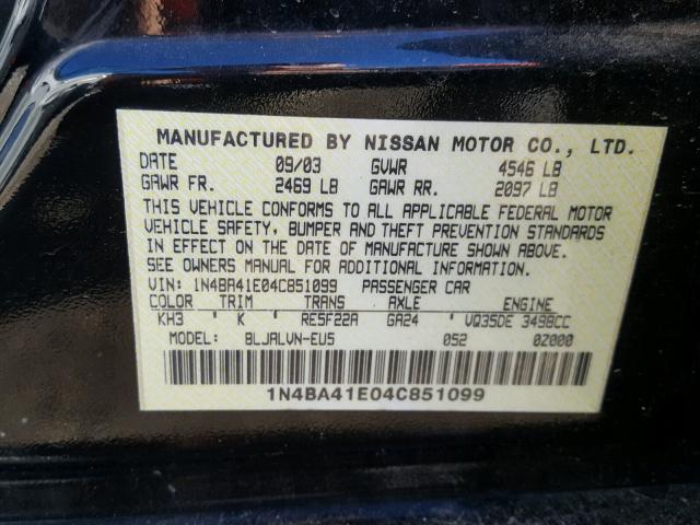 1N4BA41E04C851099 - 2004 NISSAN MAXIMA SE BLACK photo 10