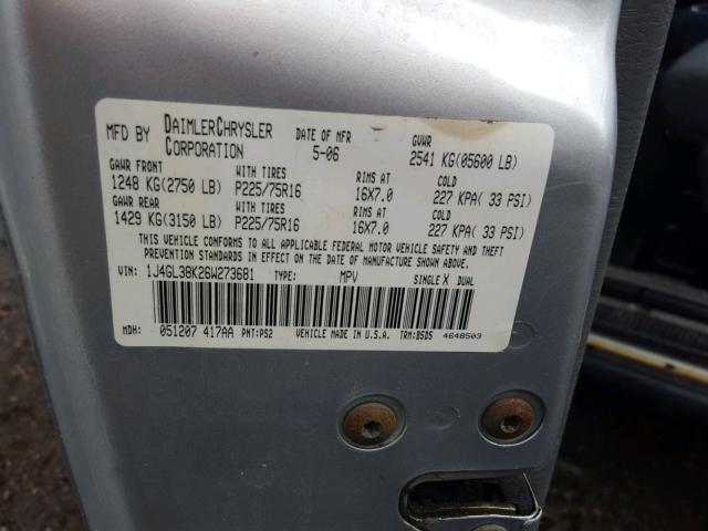 1J4GL38K26W273681 - 2006 JEEP LIBERTY RE SILVER photo 10