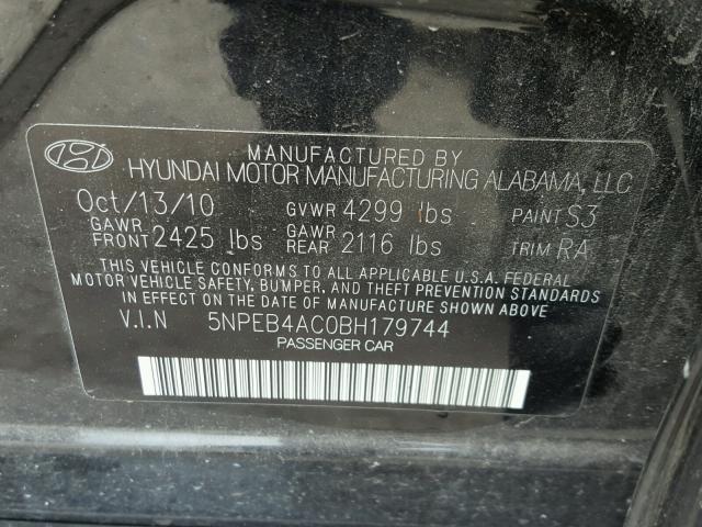 5NPEB4AC0BH179744 - 2011 HYUNDAI SONATA GLS BLACK photo 10