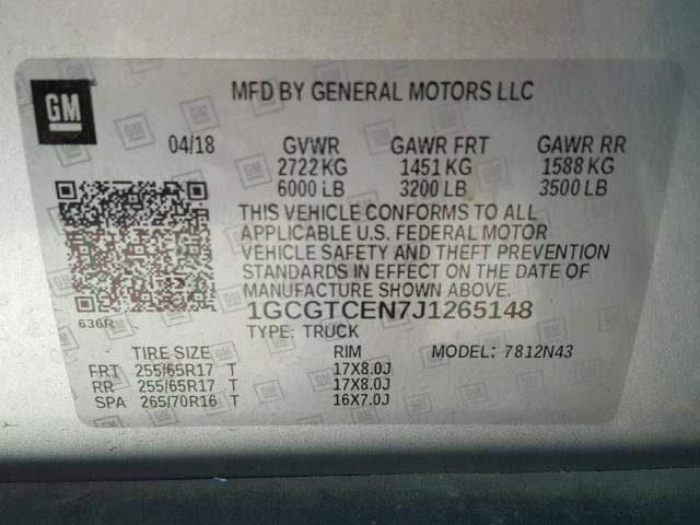 1GCGTCEN7J1265148 - 2018 CHEVROLET COLORADO L SILVER photo 10