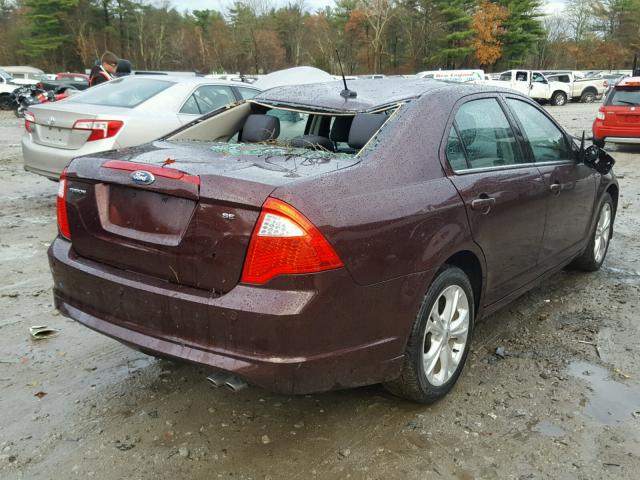 3FAHP0HA0CR152351 - 2012 FORD FUSION SE BURGUNDY photo 4