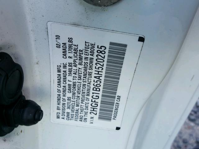 2HGFG1B65AH520285 - 2010 HONDA CIVIC LX WHITE photo 10