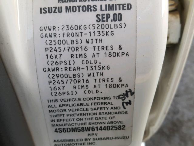 4S6DM58W614402582 - 2001 HONDA PASSPORT E WHITE photo 10