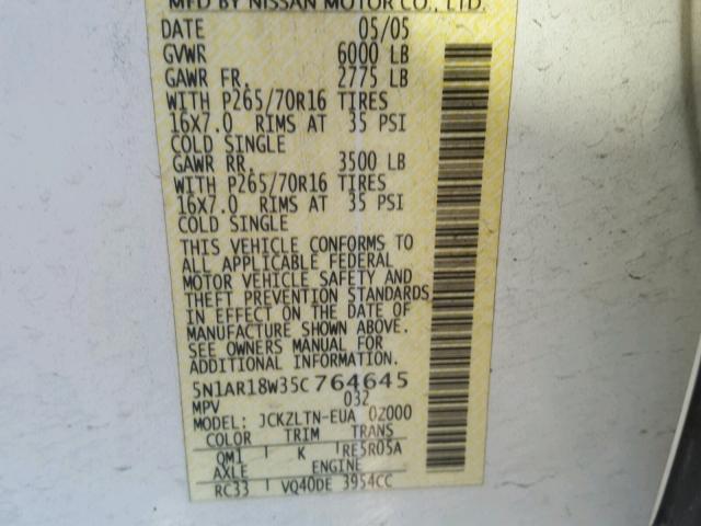 5N1AR18W35C764645 - 2005 NISSAN PATHFINDER WHITE photo 10