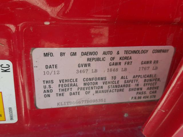 KL1TD56677B095351 - 2007 CHEVROLET AVEO BASE Қызыл фото 10