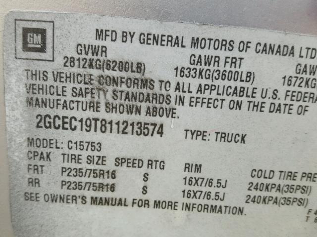 2GCEC19T811213574 - 2001 CHEVROLET SILVERADO GRAY photo 10