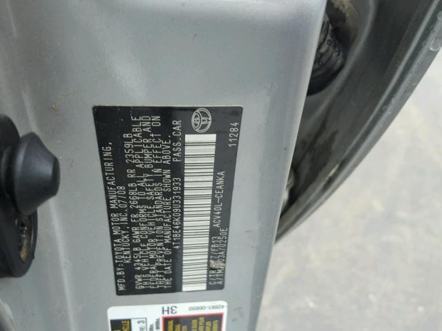 4T1BE46K09U331933 - 2009 TOYOTA CAMRY BASE SILVER photo 10